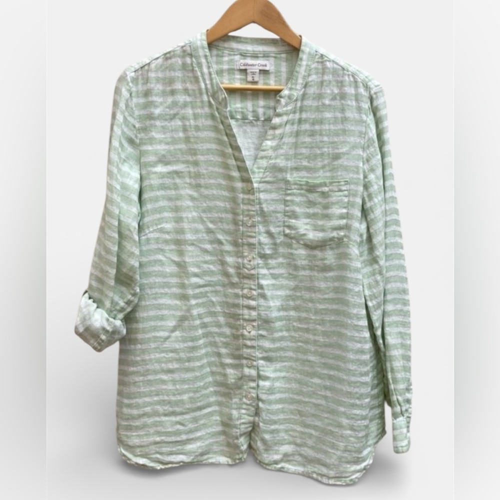 Coldwater Creek Linen Shirt Women Size XL Green Striped Button Front Roll Tab